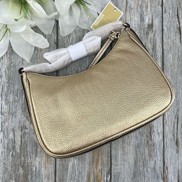 Michael Kors Jet Set Charm Small Metallic Pebbled Leather Pochette Bag Purse - Picture 5 of 11